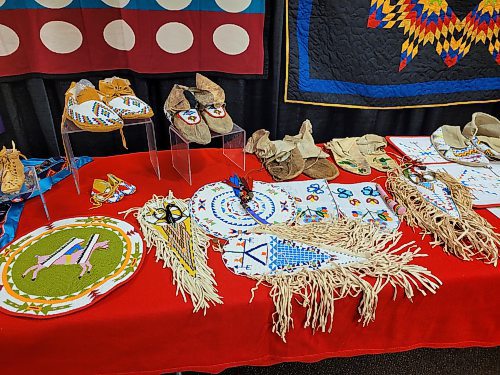 A display of Dakota beadwork at the “Oceti Sakowin icipes unkikcupte,” or Taking Back the Seven Sacred Council Fires gathering of elders and knowledge keepers held at the Keystone Centre in Brandon on Tuesday and Wednesday. (Miranda Leybourne/The Brandon Sun)