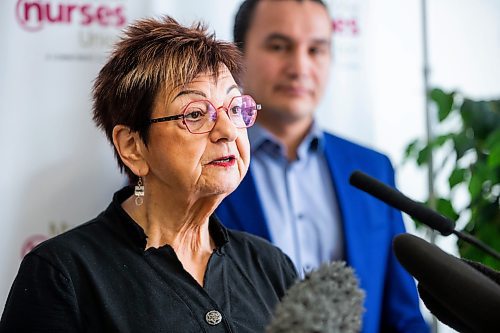 Darlene Jackson, president of the Manitoba Nurses Union, called the shortage of nurses trained in gathering criminal evidence “outrageous” and “unacceptable” during a news conference Wednesday. (Winnipeg Free Press)