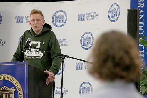 Bushel Plus founder and CEO Marcel Kringe describes his journey as an entrepreneur during a Brandon Chamber of Commerce luncheon on Thursday. Kringe and his employees have built a Brandon-based company that now operates in 33 countries. (Ian Hitchen/Brandon Sun)