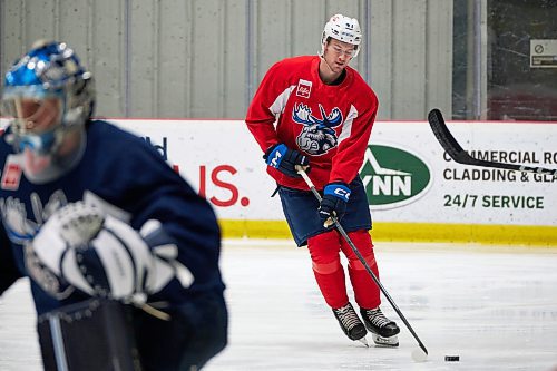 MIKE DEAL / WINNIPEG FREE PRESS
Manitoba Moose defenceman Declan Chisholm (#47) during practice at the Hockey For All Centre Thursday.
230126 - Thursday, January 26, 2023.