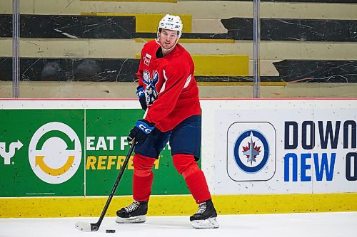 MIKE DEAL / WINNIPEG FREE PRESS
Manitoba Moose defenceman Declan Chisholm (#47) during practice at the Hockey For All Centre Thursday.
230126 - Thursday, January 26, 2023.