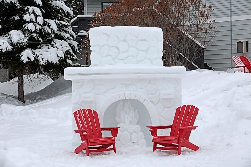 A snow sculpture fireplace sits outside the Arrowhead Family Resort in Wasagaming on a mild January afternoon. Officials at Riding Mountain National Park hope 2023 will mark the return to a more normal year, after weather put a damper on summer activities in 2022. 
(Tim Smith/The Brandon Sun)