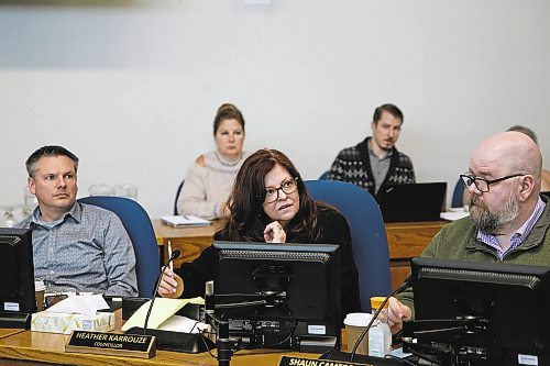 Coun. Heather Karrouze (Ward 1) asks a question during budget deliberations on Friday. (Colin Slark/The Brandon Sun)