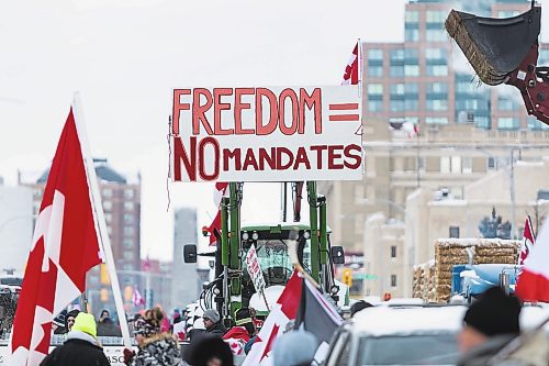 Daniel Crump / Winnipeg Free Press. The trucker convoy protest at the Manitoba legislature continues Saturday morning in Winnipeg. February 5, 2022.