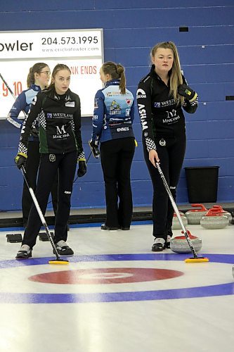 Dauphin's Makenna Hadway, left, and Katy Lukowich discuss a shot during the Sun Life Financial Junior Challenge at the Brandon Curling Club in November. Lukowich's rink finished up their run at 2023 Manitoba Scotties Tournament of Hearts in East St. Paul on Friday with a 2-3 record. (Lucas Punkari/The Brandon Sun)