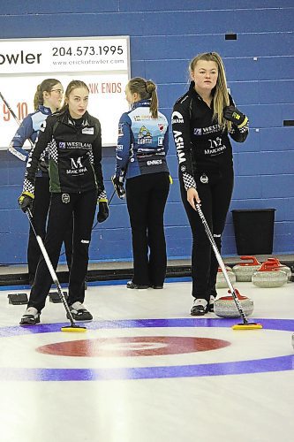 Dauphin's Makenna Hadway, left, and Katy Lukowich discuss a shot during the Sun Life Financial Junior Challenge at the Brandon Curling Club in November. Lukowich's rink finished up their run at 2023 Manitoba Scotties Tournament of Hearts in East St. Paul on Friday with a 2-3 record. (Lucas Punkari/The Brandon Sun)