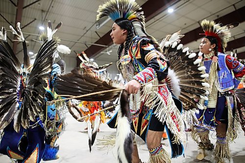 Dancers take part in the powwow grand entry at the Dakota Nation Winterfest at the Keystone Centre on Friday evening. (Tim Smith/The Brandon Sun)