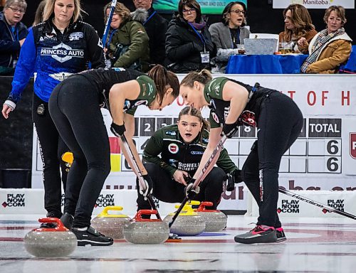 JESSICA LEE / WINNIPEG FREE PRESS

A player watches for the rock at the Scotties Tournament while their teammates help move it on January 27, 2023, held at East St. Paul Arena.

Reporter: Mike Sawatzky
