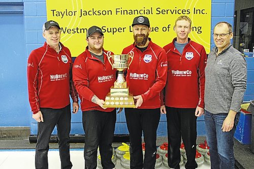Lead Geoff Trimble, left, second Austin Mustard, third Eric Zamrykut and skip Jeff Stewart receive the Taylor Jackson Financial Services Westman Super League of Curling championship trophy from Shawn Taylor on Sunday afternoon after their 6-3 win over Steve Irwin (Photos by Lucas Punkari/The Brandon Sun)