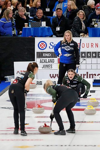 JOHN WOODS / WINNIPEG FREE PRESS
Skip Jennifer Jones, background, looks on as skip Meghan Walter calls out to her sweepers in the Scotties Tournament of Hearts at East St Paul Arena Sunday, January 29, 2023. Jennifer Jones defeated skip Meghan Walter and team Ackland and will represent Manitoba.

Re: sawatzki