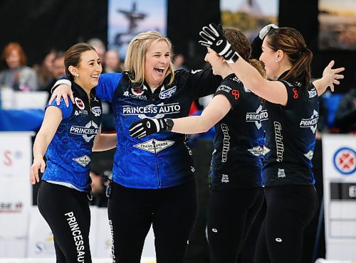 Skip Jennifer Jones, centre left, and her team, from left, Emily Zacharias, Mackenzie Zacharias and Karlee Burgess celebrate defeating skip Meghan Walters and team Ackland in the Scotties Tournament of Hearts at East St Paul Arena on Sunday. (John Woods/Winnipeg Free Press)

Re: sawatzki