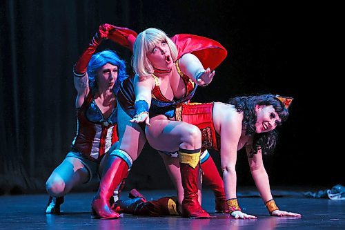 Members of The Cheesecake Burlesque Revue perform at the Western Manitoba Centennial Auditorium on Sunday evening. The Victoria, B.C.-based, award-winning group formed in 2006 and has performed across North America and Europe. The Vaudeville-style variety show mixed comedy, dancing and singing with burlesque and kept visitors to the WMCA howling with laughter. See more photos on Page A3. (Tim Smith/The Brandon Sun)
