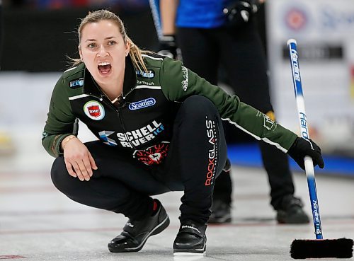 JOHN WOODS / WINNIPEG FREE PRESS
Abby Ackland, third, calls out to her sweepers as they play Jennifer Jones in the Scotties Tournament of Hearts at East St Paul Arena Sunday, January 29, 2023. Jennifer Jones defeated skip Meghan Walter and team Ackland and will represent Manitoba.

Re: sawatzki