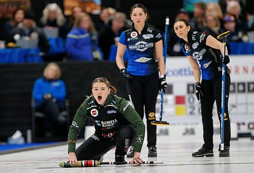 JOHN WOODS / WINNIPEG FREE PRESS
Team Jones, background, looks on as skip Meghan Walter  calls out to her sweepers in the Scotties Tournament of Hearts at East St Paul Arena Sunday, January 29, 2023. Jennifer Jones defeated skip Meghan Walter and team Ackland and will represent Manitoba.

Re: sawatzki