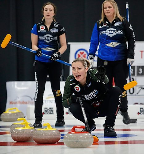 JOHN WOODS / WINNIPEG FREE PRESS
Skip Jennifer Jones, background right, looks on as Abby Ackland, third, calls out to her sweepers in the Scotties Tournament of Hearts at East St Paul Arena Sunday, January 29, 2023. Jennifer Jones defeated skip Meghan Walter and team Ackland and will represent Manitoba.

Re: sawatzki