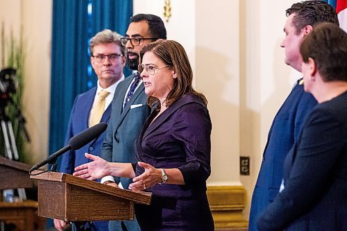 MIKAELA MACKENZIE / WINNIPEG FREE PRESS

Premier Heather Stefanson speaks to the media with her new cabinet ministers after their swearing-in ceremony at the Manitoba Legislative Building in Winnipeg on Monday, Jan. 30, 2023. For Carol/Danielle story.

Winnipeg Free Press 2023.