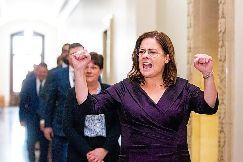 Premier Heather Stefanson leads the new cabinet ministers into their swearing-in ceremony at the Manitoba Legislative Building in Winnipeg on Monday. (Winnipeg Free Press)