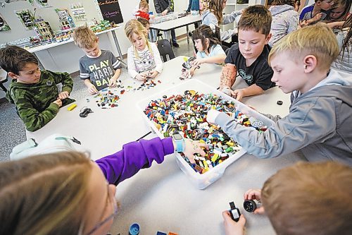 MIKE DEAL / WINNIPEG FREE PRESS
Starbuck School students playing with lego during the noon-hour Lego Club, (clockwise from bottom left) Jaidyn Smart, Wayne Marks, Bentley Manaigre, Taylor Harding, Lily Turner, Cale Schrof, and Ryker Milne. 
Tim Morison, phys-ed teacher at Starbuck School in Starbuck, MB, found in Lego an unlikely cure to workplace burnout and mental health challenges, which began after months of teaching during a pandemic and worsened when he and his wife lost their baby in the spring. Morison opened up to his students about his mental health struggles and shared his coping mechanism: building Lego with his three-year-old at home and alone, with them. His students&#x560;receptiveness has since sparked the launch of a Lego club at Starbuck School. On Mondays and Tuesdays, the phys-ed teacher forfeits his lunch hour to spend time with K-8 students and colourful blocks. They&#x576;e done significant fundraising to purchase toys and accepted donations from community members.
See Maggie Macintosh story
230130 - Monday, January 30, 2023.