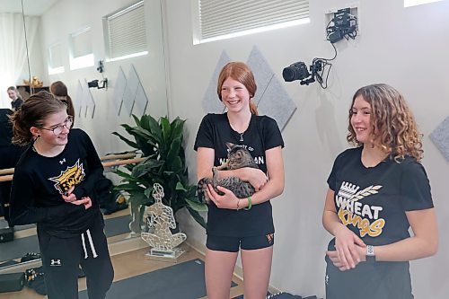 30012023
Kasia Baranyk (C) laughs with teammates Anika Jansen and Callie Franklin while holding a kitten during a Caturday kitten yoga class at Luna Muna yoga and wellness studio for the U13 AA female Wheat Kings hockey team in Brandon on Saturday. 
(Tim Smith/The Brandon Sun)