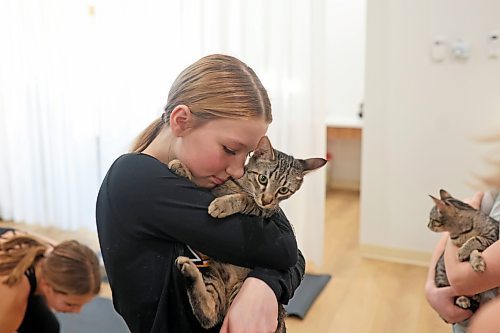 30012023
Taylor Paton visits with a kitten after taking part in a yoga glass with teammates from her U13 AA female Wheat Kings hockey team during Caturday kitten yoga at Luna Muna yoga and wellness studio in Brandon on Saturday. 
(Tim Smith/The Brandon Sun)
