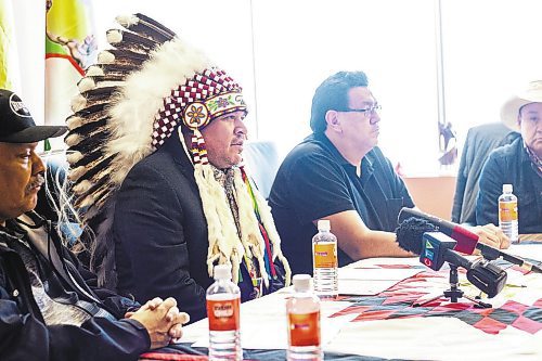 MIKAELA MACKENZIE / WINNIPEG FREE PRESS

Lake Manitoba First Nation chief Cornell McLean (left), Southern Chiefs&#x560;Organization grand chief Jerry Daniels, Pinaymootang First Nation chief Kurvis Anderson, and Kinonjeoshtegon First Nation chief Rod Traverse speak to the media about health care issues in Winnipeg on Monday, Jan. 30, 2023. For Katie story.

Winnipeg Free Press 2023.