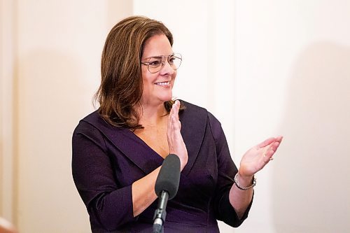 Premier Heather Stefanson applauds at the cabinet shuffle swearing-in ceremony at the Manitoba Legislative Building in Winnipeg on Jan. 30, 2023. (Winnipeg Free Press)