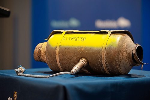 ETHAN CAIRNS / WINNIPEG FREE PRESS
An engraved catalytic converter sits on display at the Winnipeg Police Headquarters for an announcement on a new initiative to deter catalytic converter theft in Winnipeg on Monday, July, 18, 2022