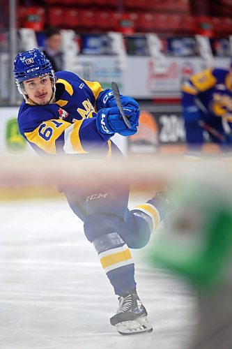 31012022
Jake Chiasson #61 of the Saskatoon Blades warms up prior to WHL action against the Brandon Wheat Kings at Westoba Place on Tuesday evening. 
(Tim Smith/The Brandon Sun)