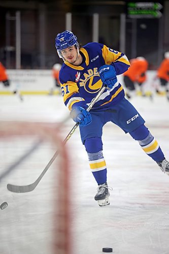 31012022
Jake Chiasson #61 of the Saskatoon Blades warms up prior to WHL action against the Brandon Wheat Kings at Westoba Place on Tuesday evening. 
(Tim Smith/The Brandon Sun)