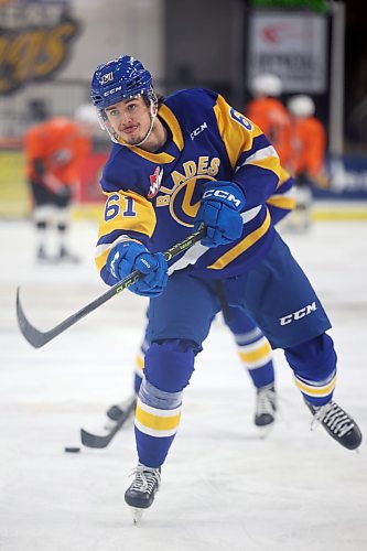 31012022
Jake Chiasson #61 of the Saskatoon Blades warms up prior to WHL action against the Brandon Wheat Kings at Westoba Place on Tuesday evening. 
(Tim Smith/The Brandon Sun)