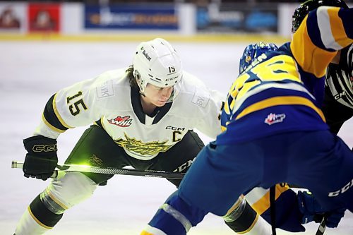 31012022
Nolan Ritchie #15 of the Brandon Wheat Kings eyes the puck during a face-off with Lukas Hansen #28 of the Saskatoon Blades during WHL action at Westoba Place on Tuesday evening. 
(Tim Smith/The Brandon Sun)