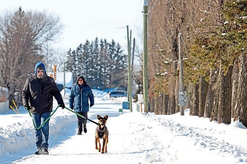 Scott Olderburger walks his dog Lizzy along the walking path bordering the Brandon Municipal Cemetery on a cold Wednesday afternoon. (Tim Smith/The Brandon Sun)