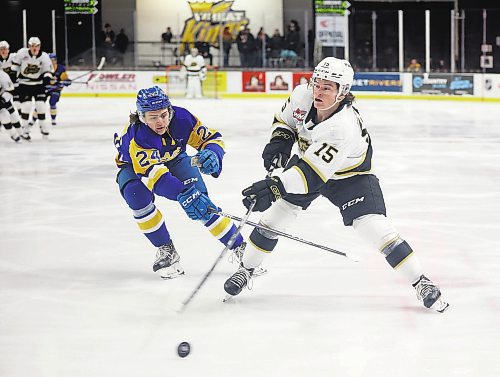 31012022
Nolan Ritchie #15 of the Brandon Wheat Kings fires a shot on net as Tanner Molendyk #24 of the Saskatoon Blades tries to stop him during WHL action at Westoba Place on Tuesday evening. 
(Tim Smith/The Brandon Sun)