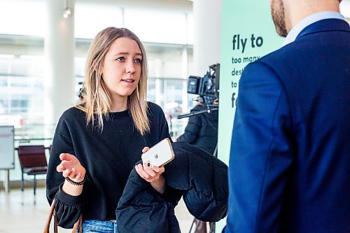 MIKAELA MACKENZIE / WINNIPEG FREE PRESS

Business reporter Gabrielle Piche speaks to Nick Hays, president and CEO of the Winnipeg Airports Authority, at the Winnipeg Richardson International Airport in Winnipeg on Wednesday, Feb. 1, 2023. For Gabby story.

Winnipeg Free Press 2023.