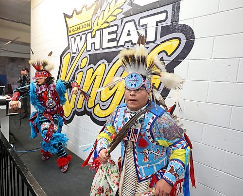 01022023
Powwow dancers perform during the second period intermission at the Brandon Wheat Kings match on Tuesday evening during Dakota Truth and Reconciliation Night presented by Sioux Valley Dakota Nation. 
(Tim Smith/The Brandon Sun)