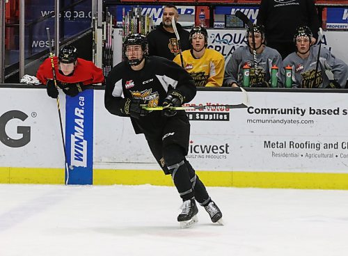 Kelowna product Gradey Hope skates in a drill during Brandon Wheat Kings practice at Westoba Place on Thursday. Brandon selected him in the fourth round of the most recent WHL draft. (Perry Bergson/The Brandon Sun)