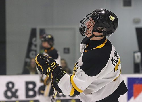 Brandon U17 AAA Wheat Kings leading scorer Loughlan McMullan smiles after getting in a dust-up with a pair of Westman Ice Bandits at J&amp;G Homes Arena on Saturday. (Perry Bergson/The Brandon Sun)