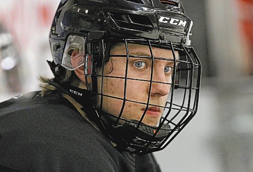 Kelowna product Gradey Hope keeps a close eye on a drill during Brandon Wheat Kings practice at Westoba Place on Thursday. Brandon selected him in the fourth round of the most recent WHL draft and after signing, he is here for a couple of weeks with the team. (Perry Bergson/The Brandon Sun)