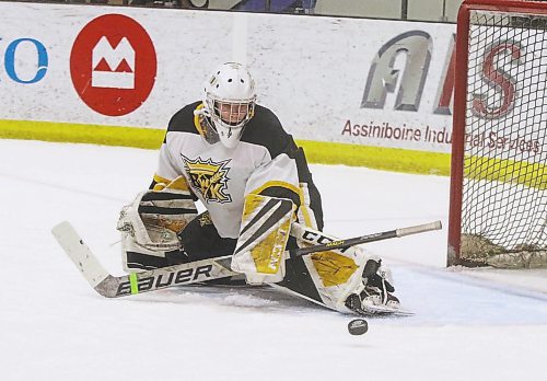 Brandon U17 AAA Wheat Kings goalie Kieran Madill makes one of his 55 saves in a 7-3 victory over the Westman Ice Bandits at J&amp;G Homes Arena on Saturday. (Perry Bergson/The Brandon Sun)