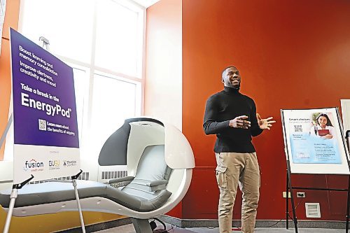 02022023
Anugo Okudo, Vice President Engagement for the Brandon University Students&#x2019; Union, speaks during the unveiling of an EnergyPod donated by Fusion Credit Union to Brandon University at the John E. Robbins Library on Thursday. The pod allows students and faculty to nap or rest in the library. (Tim Smith/The Brandon Sun)
