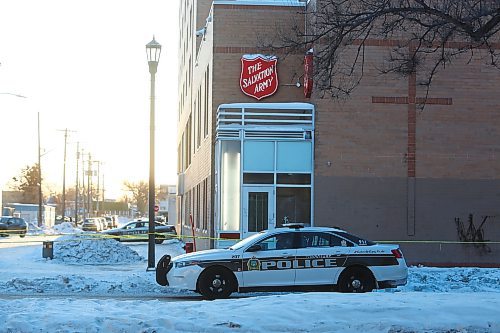 MIKE DEAL / WINNIPEG FREE PRESS
Winnipeg Police have taped off an area around the north and west side of the Salvation Army building close to Main Street and Higgins Avenue Thursday morning. 
230202 - Thursday, February 2, 2023