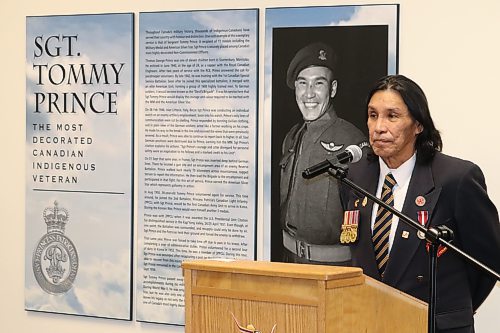 Tommy Prince Jr., the son of Indigenous war veteran Tommy Prince, addresses the crowd gathered at Crocus Plains Regional Secondary School on Friday for the official re-naming of the institution's library. (Kyle Darbyson/The Brandon Sun)