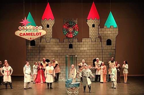 The cast of Mecca Productions’ “Spamalot” assemble on stage for a large musical number at the Western Manitoba Centennial Auditorium Saturday evening. For this pair of recent weekend shows, which took place Saturday night and Sunday afternoon, Mecca managed to retain most of the original cast and crew from their 2020 production of “Spamalot,” which ended prematurely as a result of the COVID-19 pandemic. (Kyle Darbyson/The Brandon Sun)