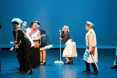 King Arthur (James Comrie) is tormented by some French guards and their flatulence as Act One of Mecca Productions’ Saturday evening performance of “Spamalot” comes to a close. (Kyle Darbyson/The Brandon Sun)