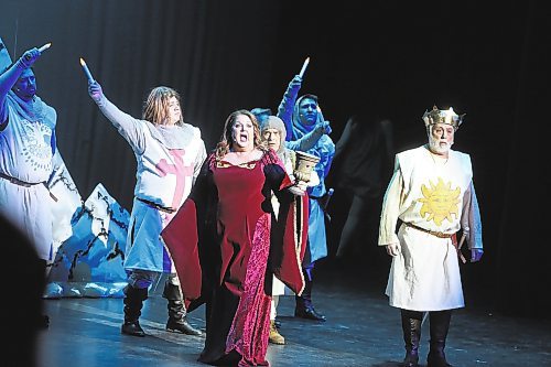 Lisa Vasconcelos (The Lady of the Lake) performs “Find Your Grail” alongside James Comrie (King Arthur) and his Knights of the Round Table near the midpoint of Mecca Productions’ Saturday evening show at the Western Manitoba Centennial Auditorium. (Kyle Darbyson/The Brandon Sun) 