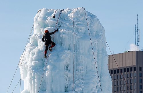 JOHN WOODS / WINNIPEG FREE PRESS
Kurtis Ulrich climbs the 60 foot (18.288 metres) ice tower during Festiglace, an annual climbing festival at the Alpine Club of Canada - Winnipeg Saint Boniface ice tower Tuesday, February 5, 2023. 

Re: May