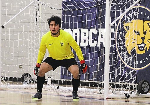 ACC Cougars goalkeeper Gerardo Alas led his team to a 5-2 win over Providence in MCAC men's futsal at Henry Champ Gymnasium on Saturday. (Thomas Friesen/The Brandon Sun)