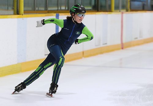 Jada Kasprick of the Westman Speed Skating Club takes a corner at the Sportsplex on Sunday during a training session. (Perry Bergson/The Brandon Sun)