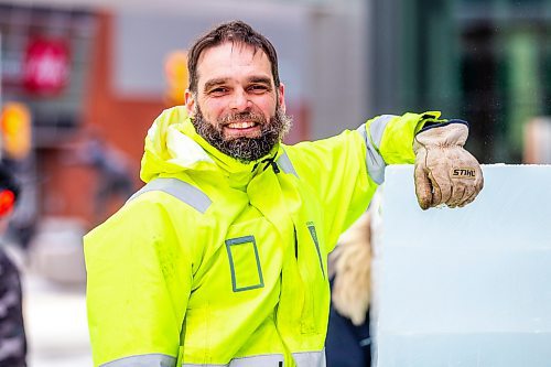 MIKAELA MACKENZIE / WINNIPEG FREE PRESS

Peter Hargraves poses for a photo with a stack ice blocks prepared for ice carving at True North Square in Winnipeg on Tuesday, Feb. 7, 2023. For Ѡstory.

Winnipeg Free Press 2023.