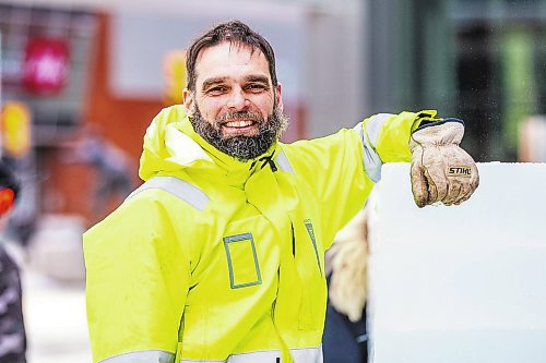 MIKAELA MACKENZIE / WINNIPEG FREE PRESS

Peter Hargraves poses for a photo with a stack ice blocks prepared for ice carving at True North Square in Winnipeg on Tuesday, Feb. 7, 2023. For &#x460;story.

Winnipeg Free Press 2023.